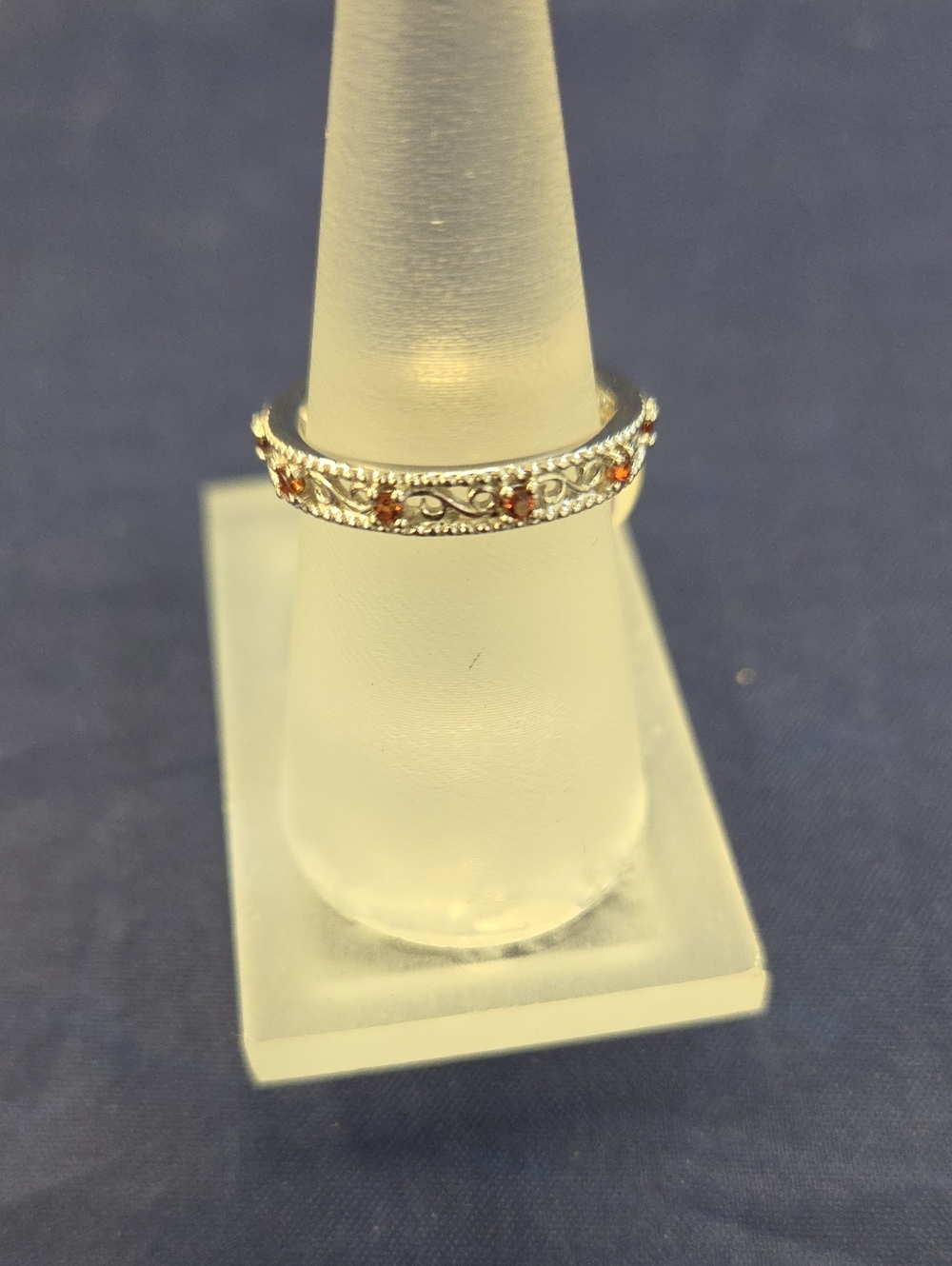 Sterling Silver Filigree Band Ring with Orange Gem Accents
